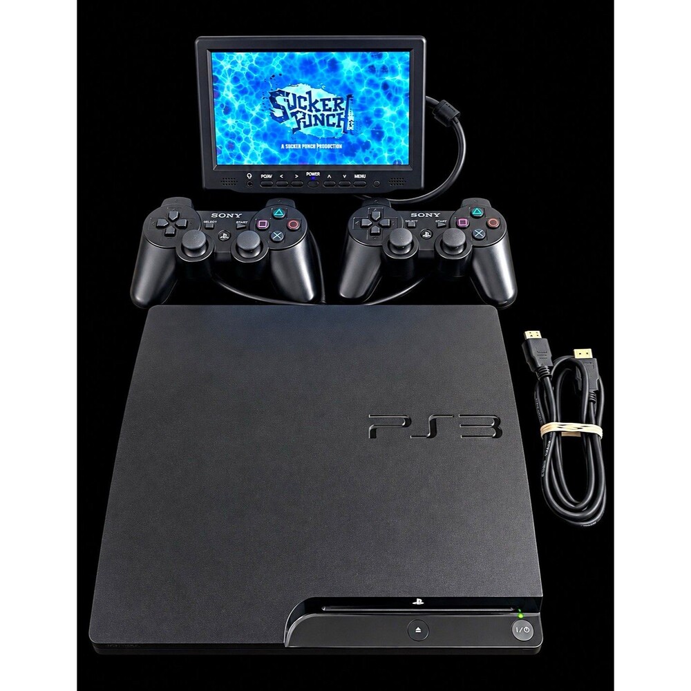 Sony PlayStation 3 PS3 Slim CECH-3001A Console 2 DualShock Controllers HDMI Cord